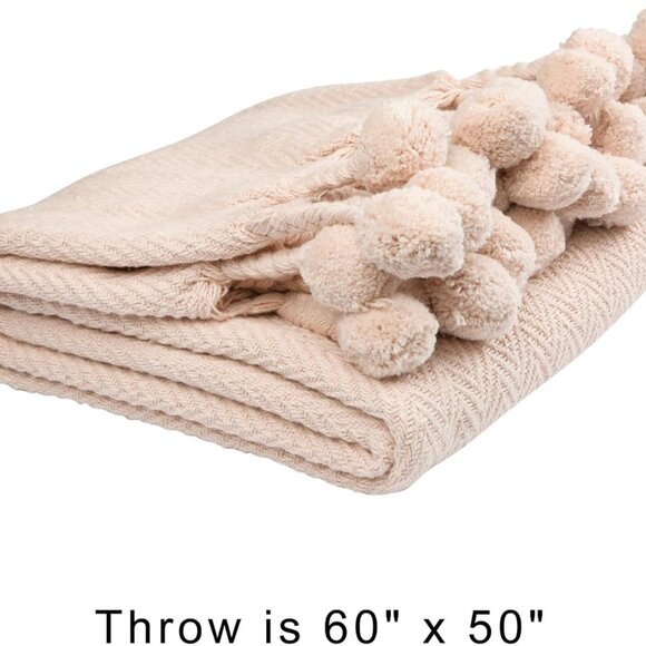 Creative Co-Op Soft Pink Cotton Woven Pom Pom Throw w/Braids/NWT - Picture 7 of 13